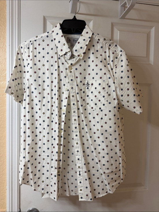 Original Penguin Other - Original Penguin Cream Short Sleeve Button-Down with Navy and Burgundy Dots